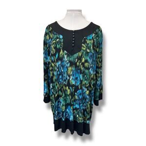 Choices Woman Vintage Long Sleeve Abstract Floral 1/4 Button Neck Tunic Green 3X